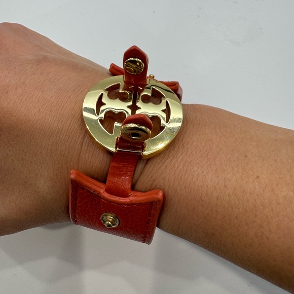 Tory Burch Reva Logo Cuff Bracelet Orange Leather and Gold Hardware - Picture 7 of 7